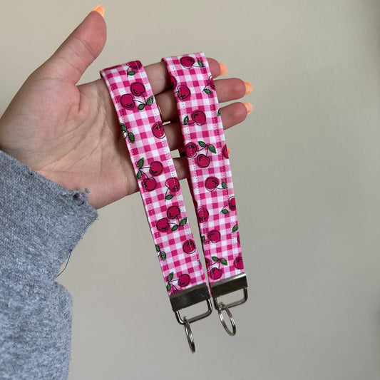 Pink Checkered Cherry Wristlet Keychain