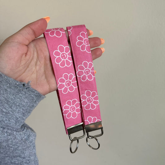 Pink Smile Flowers Wristlet Keychain